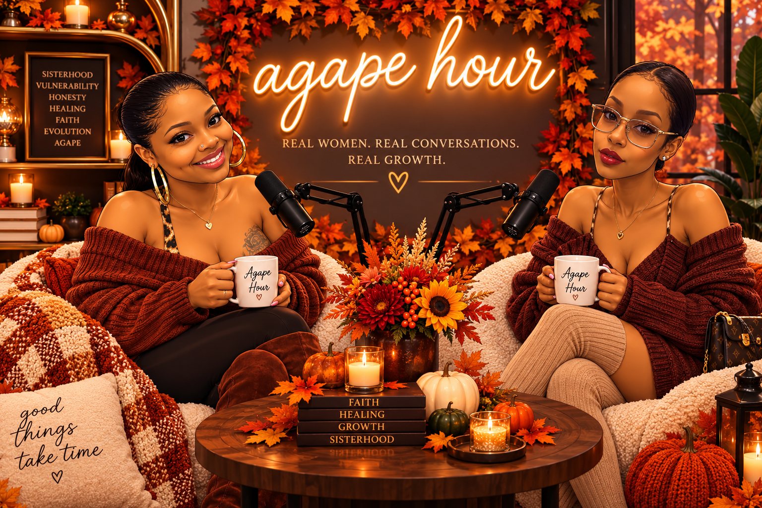 Illustration of Lana and Ki in the Agape Hour studio, holding Agape Hour mugs beside their mics, surrounded by autumn leaves, candles and pumpkins